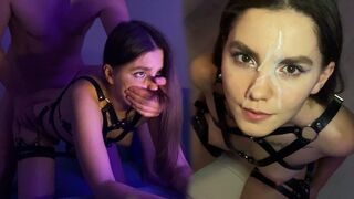 Hot brunette in harness, awesome cum on her face!