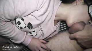 Two guys cum twice on the face of a hot slut in an intense threesome
