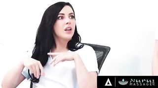 A sexy brunette and her colleague get fucked by their friend’s dick