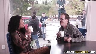 Ebony babe Paris The Muse gets her mouth filled with cum by 10 cocks