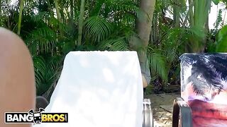 Julianna Vega shakes big ass for stalker in oil, bangbros style