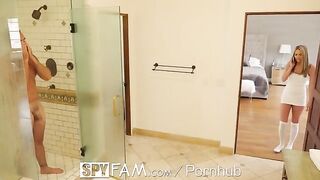 Athena Faris sneaks into the shower with her stepdad and gets caught in a steamy moment