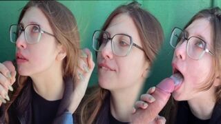 Public blowjob with a girl with glasses by the lake