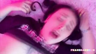The girl with the hole is screaming and groaning loudly, her body trembling with pleasure