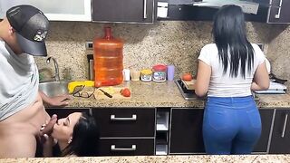 These beautiful 18-year-old stepsisters are cooking and must feed their stepfather