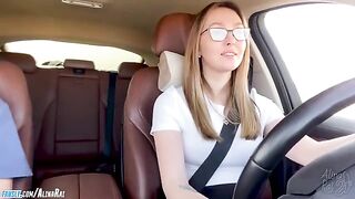 A hot stepmom is giving driving lessons to her stepson in the car