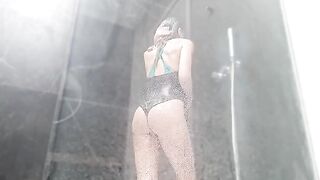 Sweet wet pussy squirts orgasm while masturbating in shower