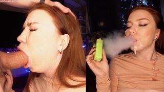 The smoke from her cigarette becomes a part of the blowjob