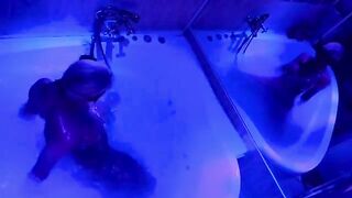 Blonde plays with toys in the bathroom and gets a big cock