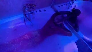 Blonde plays with toys in the bathroom and gets a big cock