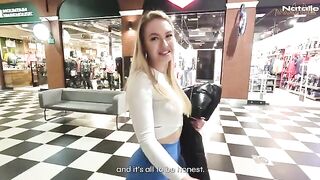 Hot blonde fucks in the shopping mall toilet for cash