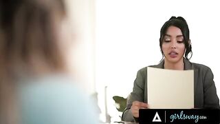 Busty attorney Vanessa Sky loses to her sexy, cunning opponent in a steamy girl-on-girl legal battle