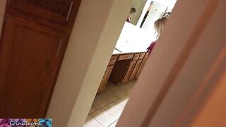 The stepmom is getting ready for bed while the stepson is watching and jerking off