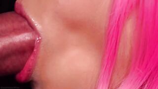 Pink haired babe gives you the best milky blowjob