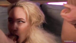 Two guys with huge cocks fucked her mouth and pussy in a gangbang