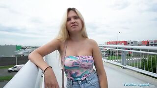 Public Agent Irina Cage shows her boobs and ass on the bridge for cash
