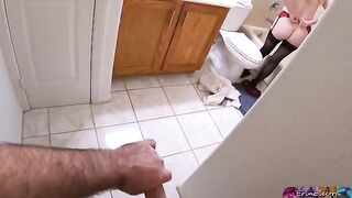 A stepson got his stepmom caught in the bathroom after work, her tits stunning