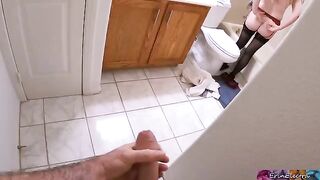 A stepson got his stepmom caught in the bathroom after work, her tits stunning