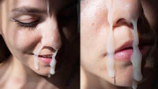 The girl with a cute face gets a huge cumshot in her face
