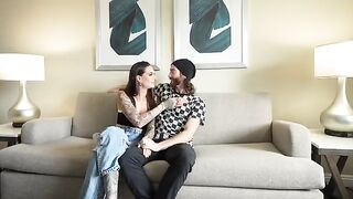 A boyfriend experiences his first double blowjob with two women in an intense scene