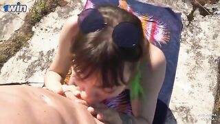 A hot blowjob as a bribe for the guard of the fort, in a steamy outdoor scene