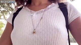 Public masturbation and hard orgasm in a public place with a stranger watching