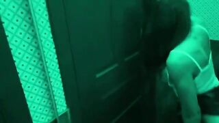 A girl is fucking with her roommate in the toilet bar