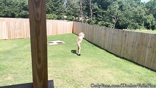 A blonde is getting naked in the backyard and then has a quickie on the porch