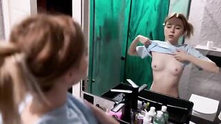 The cute girl made a surprise for her boyfriend and met him in the bathroom