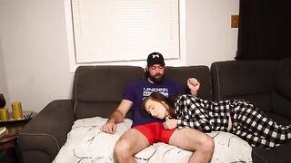 A stepmom took a risky creampie on the couch with her stepson