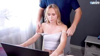 A young guy fucks his stepsister, a well-known streamer, after giving her a massage