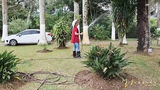 The gardener fucked two horny friends with big tits and asses
