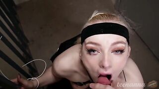 A young girl with blue eyes was fucked in the mouth and cunny