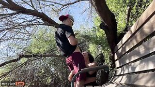 Busty girl almost gets caught giving a blowjob by the lake, damn hot!