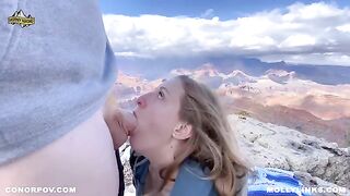 A couple is fucking on the cliff after hiking, a blonde with big ass