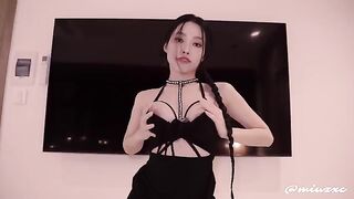 Hot Asian babe in black dress, high heels, squirted and cum inside her