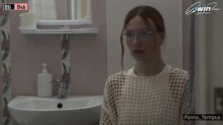 Russian beauty imitates a schoolgirl and gets fucked by two cocks