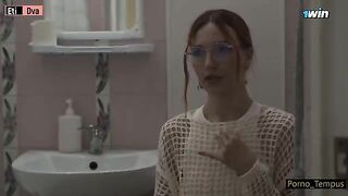 Russian beauty imitates a schoolgirl and gets fucked by two cocks