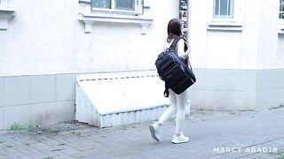 Babe fucks with stranger in the fake hostel, ending cumming on tits