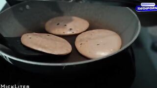 A hot breakfast for a beautiful girl - a stack of pancakes and a cock