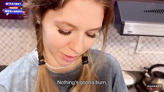The flatmate girl does not mind occasional sex in the kitchen and getting cum on her face and pigtails