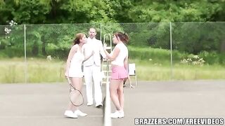 A girl has sex with her friend on the tennis court