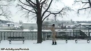 Student with sexy boobs and ass walks outside with no panties on her pussy