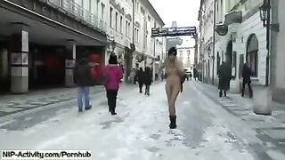 Student with sexy boobs and ass walks outside with no panties on her pussy