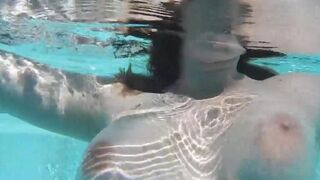 Girl plays with dildo in the pool and masturbates it