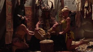 Red-skinned beauties fucked by a fairytale hero in threesome