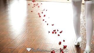 A cute young brunette has sex directly on the bed
