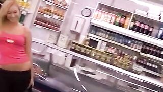 A gorgeous thief with striking blonde hair gets fucked behind the cashier