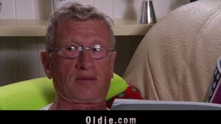 A young girl is having fun with older men, featuring intense action