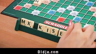 The blonde girl seduced the old peasant in the kitchen on the table